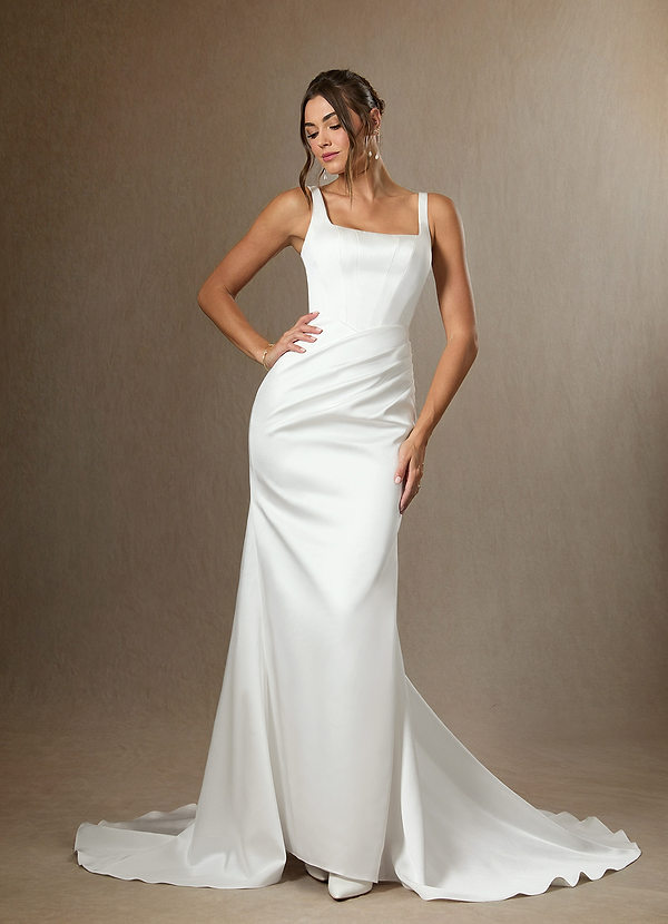 Azazie Wynona Wedding Dresses Diamond White Mermaid Square Neckline Double Faced Satin Dress image1