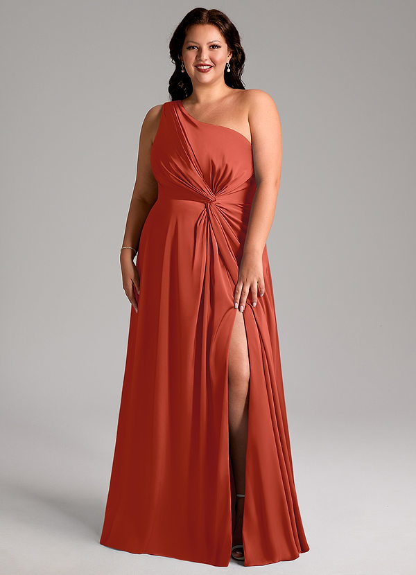 Azazie Brooke Bridesmaid Dresses Rust A-Line One Shoulder Stretch Satin Dress image1
