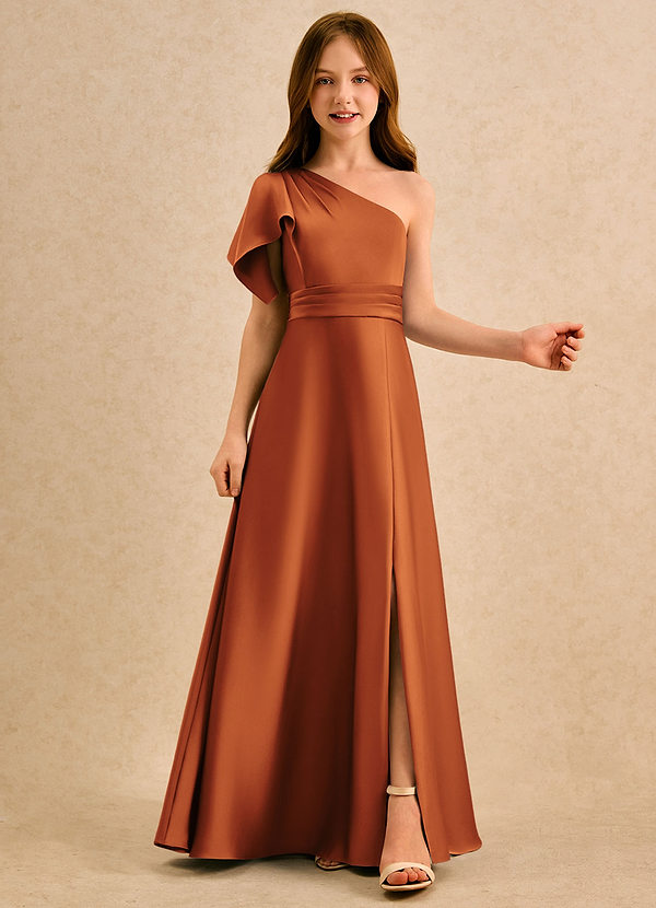 Azazie Jazzy Girls Formal Flower Girl Dresses Cinnamon A-Line One Shoulder Stretch Satin Dress image1