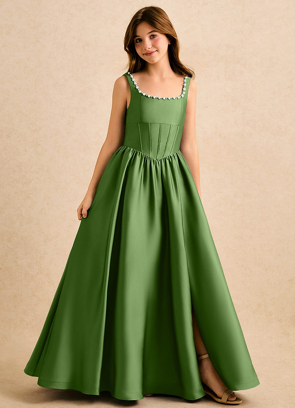 Azazie Enid Girls Formal Sukienki dla dziewczynek sypiących kwiaty Linia A Zroszony Satyna elastyczna Długość podłogi Sukienka image1