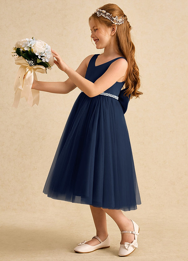Azazie Firefly Flower Girl Dresses Dark Navy A-Line Bow Matte Satin Dress image1