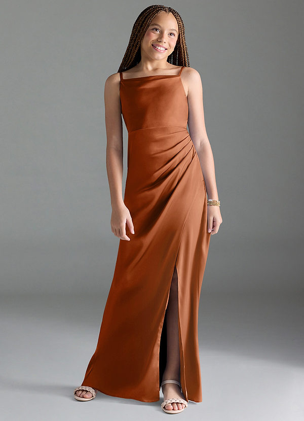 Azazie Leonis Junior Copper A-Line Pleated Stretch Satin Dress image1