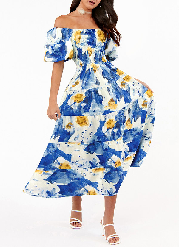 front Allport Blue Floral Print Off-The-Shoulder Smocked Midi Dress