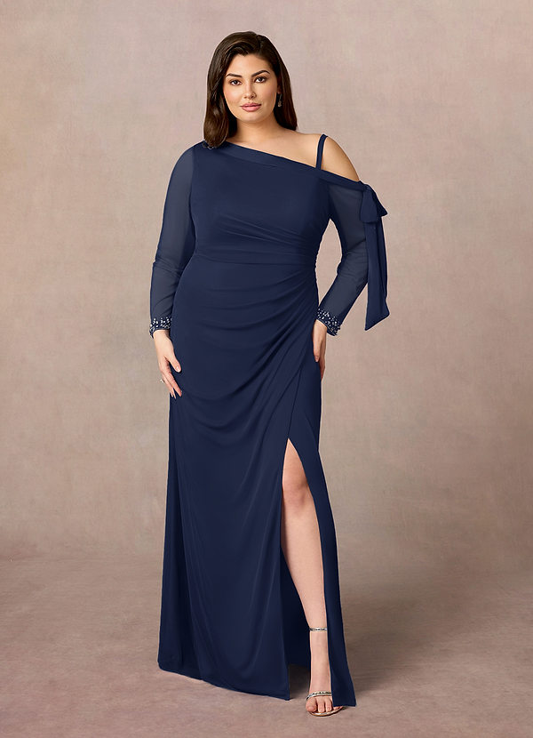Azazie Marna Mother of the Brides Dresses Dark Navy Sheath One Shoulder Mesh Dress image1