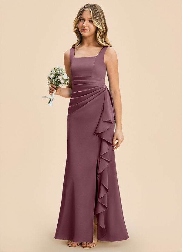 Azazie Adrienne Junior Amethyst Sheath Pleated Stretch Satin Dress image1