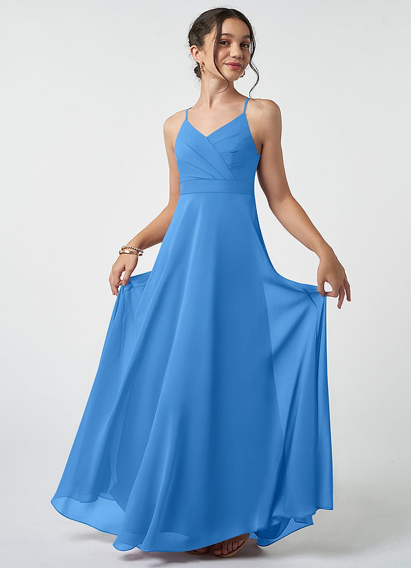 Azazie Avelina Junior Blue Jay A-Line Pleated Chiffon Dress image1