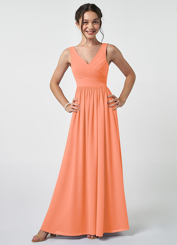 Azazie Keyla Junior A-Linie Plissee Chiffon Kleid Sonnenuntergang image1
