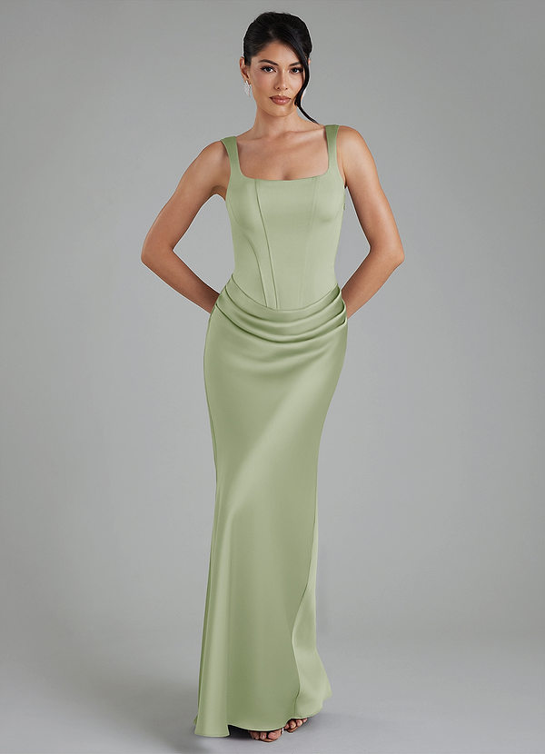 Azazie Etta Robes de demoiselle d'honneur Robe Sirène en Satin extensible Corset Vert Sauge image1