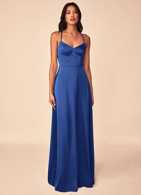 Azazie Mei Brautjungfernkleider A-Linie V-Hals Stretch-Satin Kleid Königsblau image1