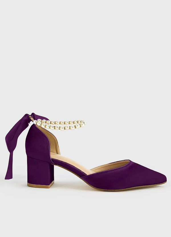 front Matching Color Matte Satin Pearl and Bow Pointed Toe Block Heels