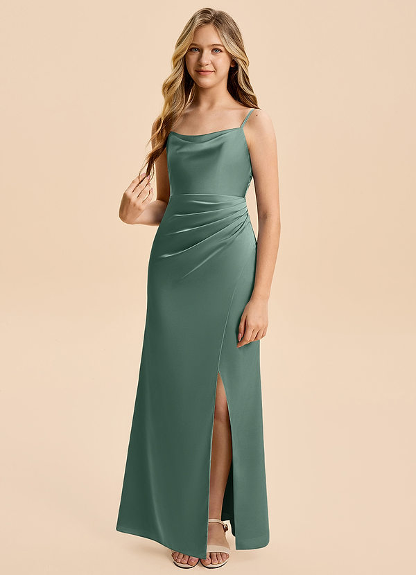 Azazie Christen Junior Eucalyptus A-Line Pleated Stretch Satin Dress image1