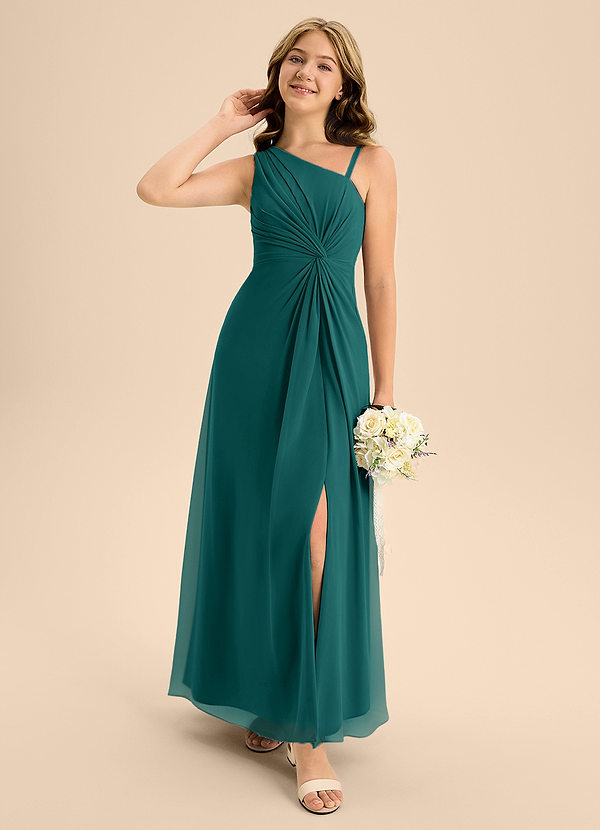 Azazie Brooke Junior Abito A-Line in Chiffon Spacco Laterale Verde Pavone image1