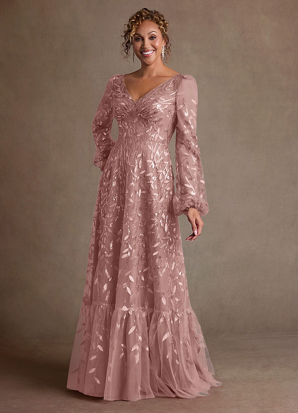 Azazie Mazie 신부의 어머니 드레스 A라인 레이스 얇실버 명주 그물 플로어 길이 드레스 image1