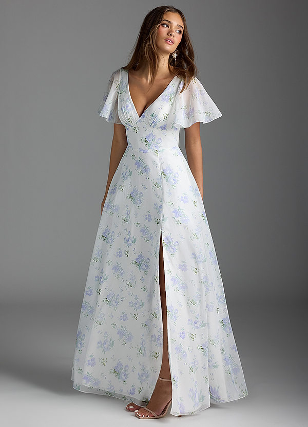 Azazie Kimber Bridesmaid Dresses Blue Vintage Floral A-Line Flounce Sleeve Chiffon Dress image1