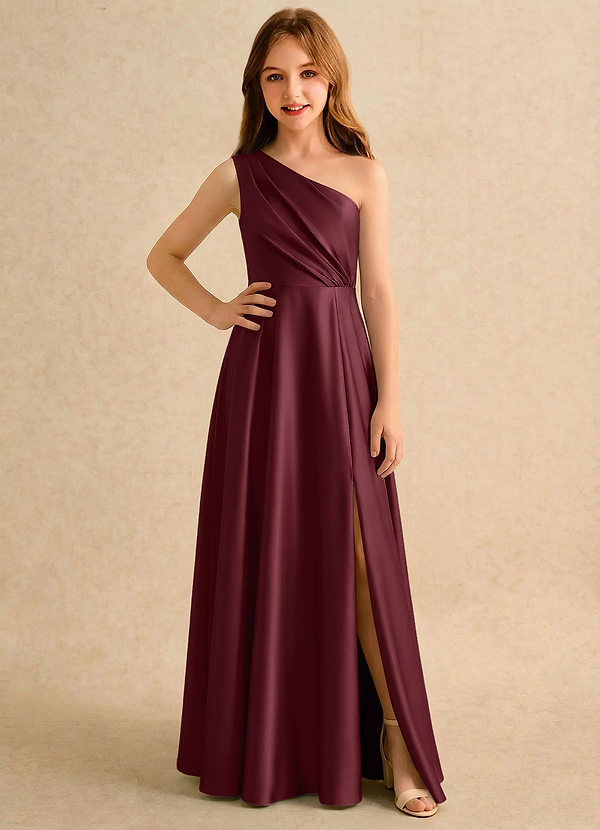 Azazie Puddles Girls Formal Abiti da Ragazza di Fiori Abito A-Line in Raso Elasticizzato Monospalla Cabernet image1