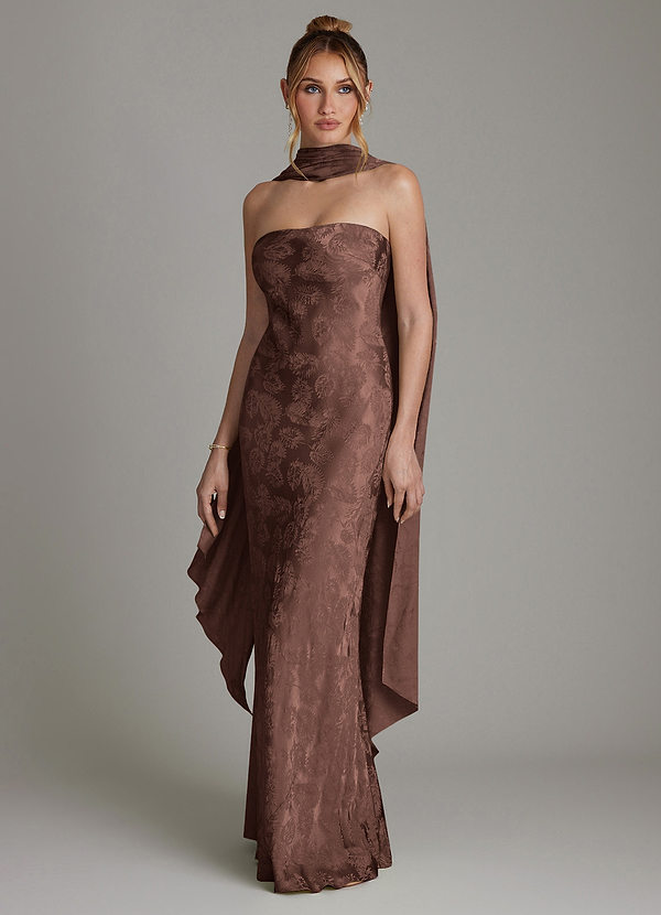 Azazie Viv Bruidsmeisjes Jurken Jurk van Jacquard met Kolom Strapless Chocolade Jacquard image1