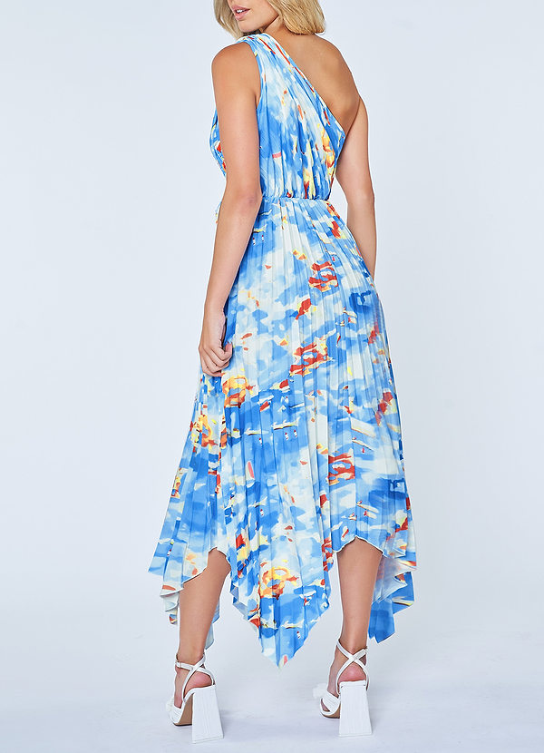 back Blue Springs Light Blue Abstract Print One-Shoulder Pleated Midi Dress
