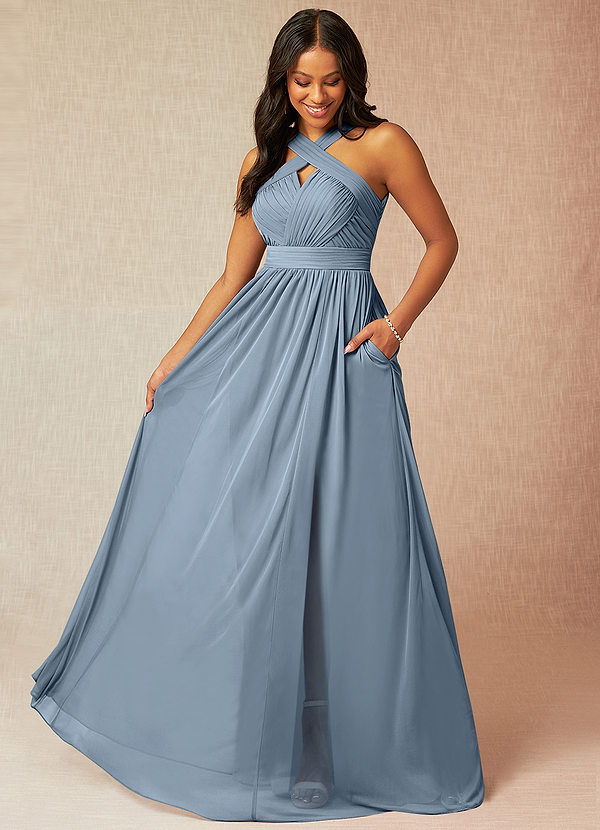 Azazie Hillian Bridesmaid Dresses A-Line Halter Pleated Mesh Floor-Length Dress image1