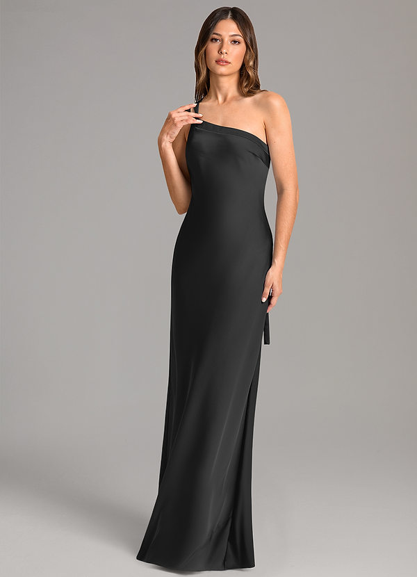 Azazie Monroe Bridesmaid Dresses Black Mermaid One Shoulder Stretch Satin Dress image1