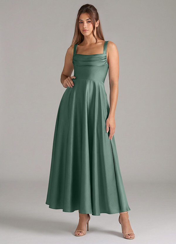 Azazie Shaude Bridesmaid Dresses Eucalyptus A-Line Pleated Stretch Satin Dress image1
