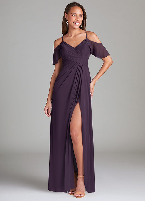 Azazie Dakota Bridesmaid Dresses Plum A-Line Off the Shoulder Mesh Dress image1