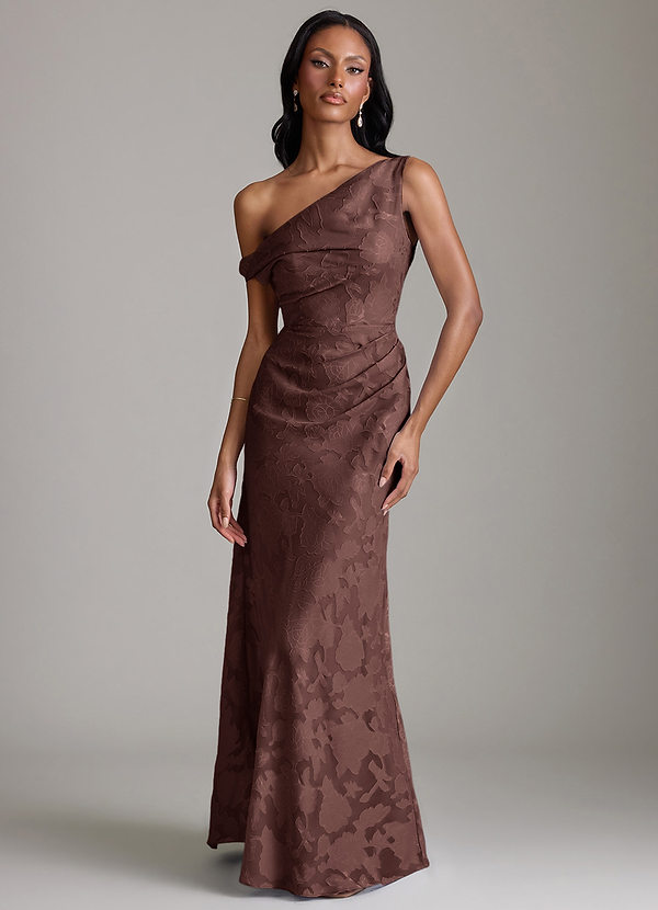 Azazie Emerson Bridesmaid Dresses Vestido Café Expresso de Esgotamento Floral de sereia com Fora do ombro image1