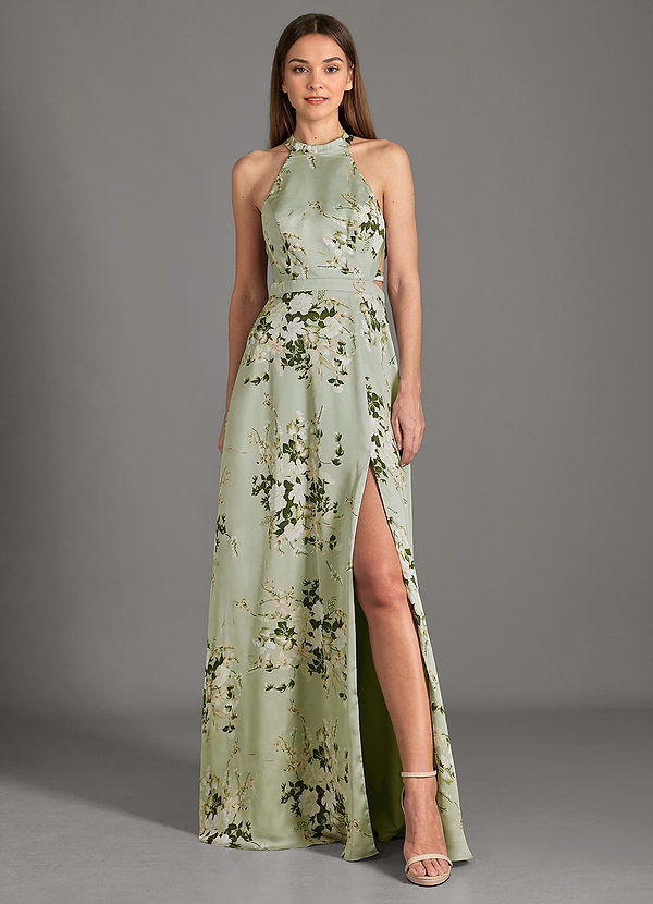 Azazie Clarice Bridesmaid Dresses Floral Vines A-Line High Neck Stretch Satin Dress image1