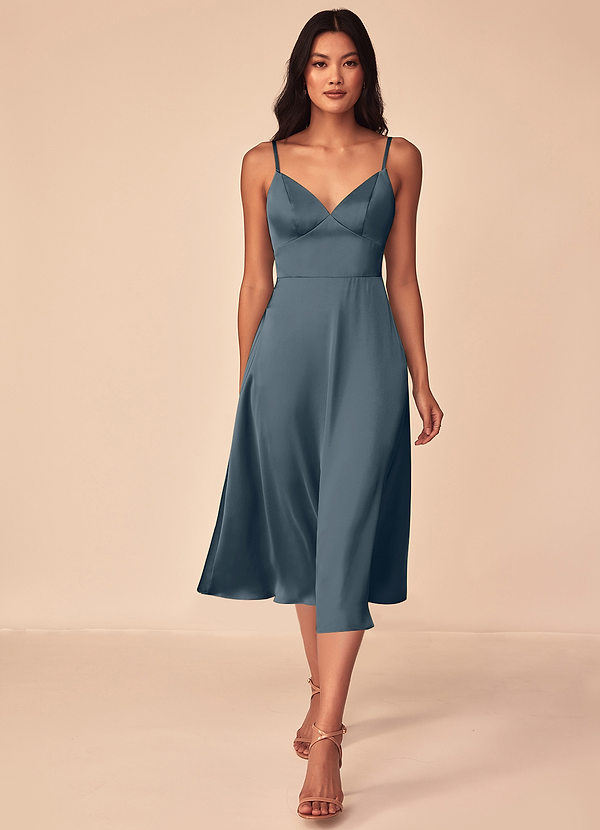 Azazie Dottie Robes Demoiselle d'honneur Robe Trapèze en Satin extensible Violet Crépusculaire image1