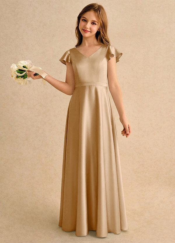 Azazie Nari Girls Formal Vestidos de Niña de Flores Vestido de Oro de Satén Elástico de Corte en A con Con mangas image1