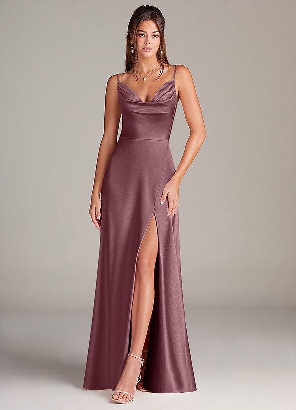 Azazie Sarella Bridesmaid Dresses Amethyst A-Line Pleated Stretch Satin Dress image1