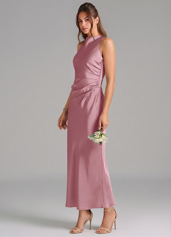 Azazie Evadne Bridesmaid Dresses Vintage Mauve Sheath Pleated Stretch Satin Dress image1