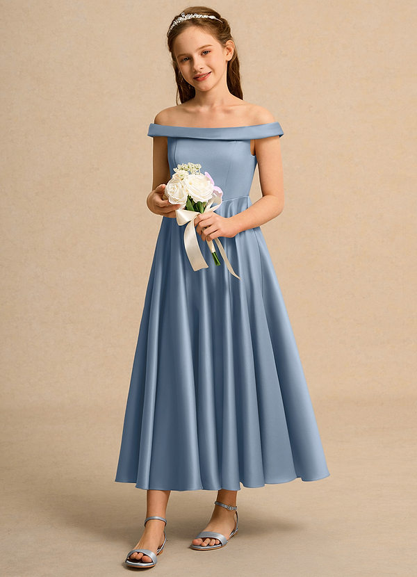 Azazie Teeny Junior Formal Bloemenmeisjes Jurken A-Lijn Jurk van Mat Satijn Geplooid Stoffig Blauw image1