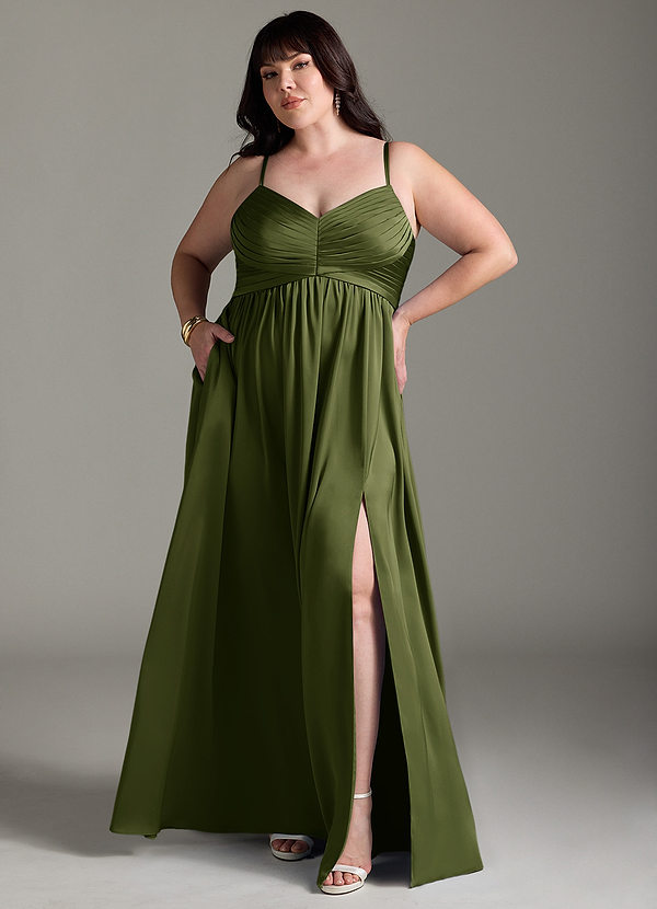 Azazie Alia Bridesmaid Dresses Olive A-Line Pleated Stretch Satin Dress image1