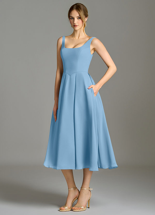 Azazie Amalie Brautjungfernkleider A-Linie Plissee Chiffon Kleid Stahlblau image1