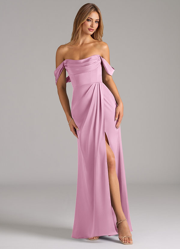 Azazie Johana Bruidsmeisjes Jurken Converteerbaar Jurk van Stretch Satijn met Zeemeermin Off the Shoulder Snoep Roze image1