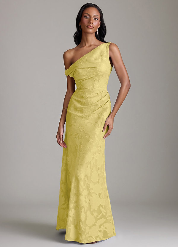 Azazie Emerson Bridesmaid Dresses Vestido Canário de Esgotamento Floral de sereia com Fora do ombro image1