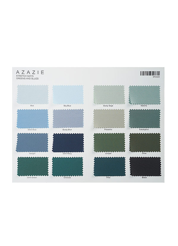 front Azazie Blues/Greens Stretch Satin Multi Color Swatch Card