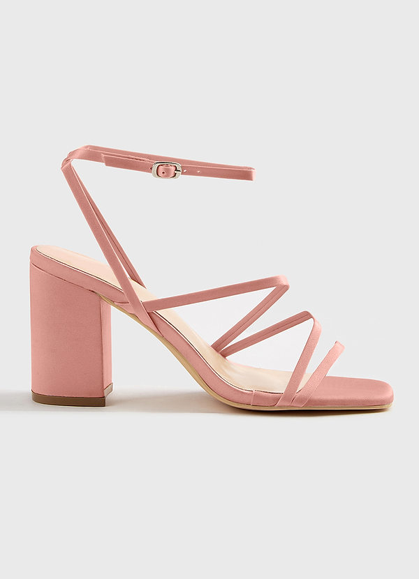 front Matching Color Matte Satin Ankle Strap Block Heel Sandals