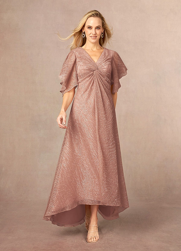 Azazie Mollina Mother of the Bride Dresses Rose Gold A-Line Ruffle Flutter Sleeve Metallic Mesh Dress image1