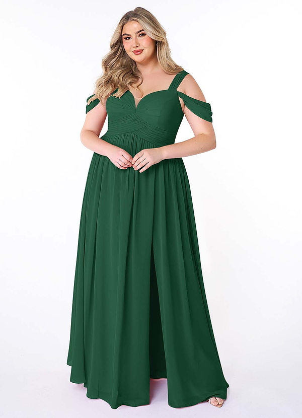 Azazie Lianne Bridesmaid Dresses Dark Green A-Line Off the Shoulder Chiffon Dress image1