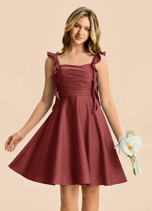Azazie Kira Junior Terracotta A-Line Ruched Stretch Satin Dress image1