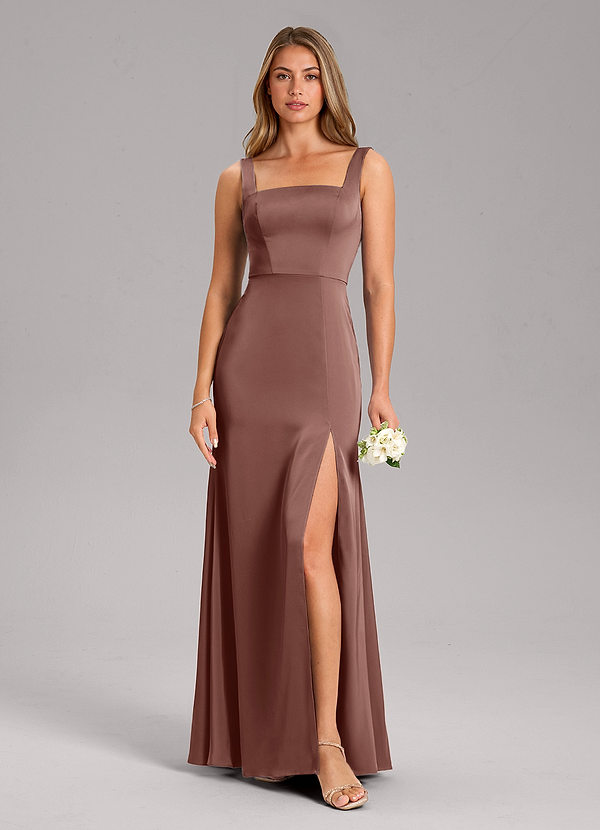 Azazie Frostine Bridesmaid Dresses Espresso A-Line Bow Stretch Satin Dress image1