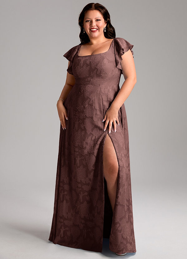Azazie Bondi Bridesmaid Dresses Espresso A-Line Side Slit Floral Burnout Dress image1