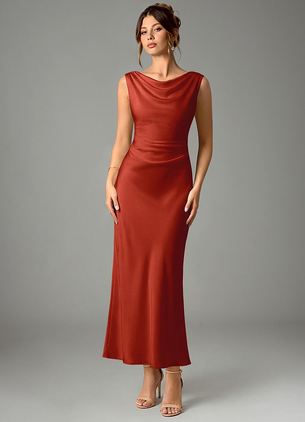Azazie Kieryn Bridesmaid Dresses Rust Mermaid Pleated Stretch Satin Dress image1