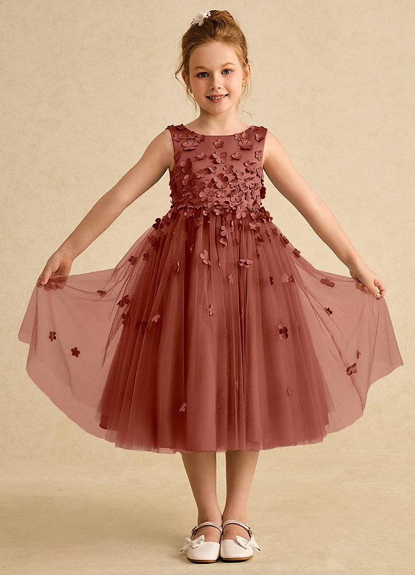 Azazie Lana Blumenkinder Kleider A-Linie ärmellos Matte Satin Kleid Rotbraun image1