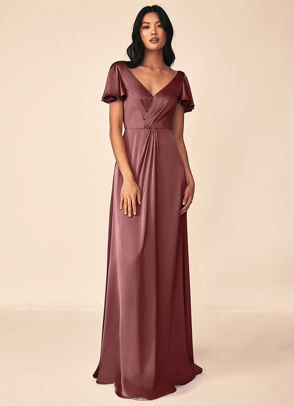 Azazie Soren Bridesmaid Dresses Amethyst Flowy Pleated Stretch Satin Dress image1