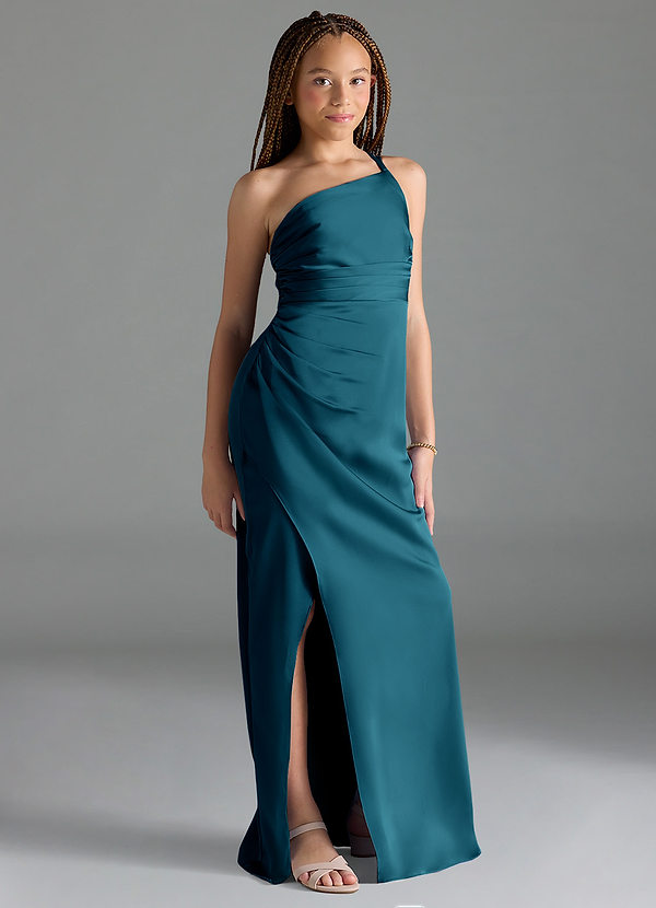 Azazie Eren Junior Ink Blue Sheath Pleated Stretch Satin Dress image1