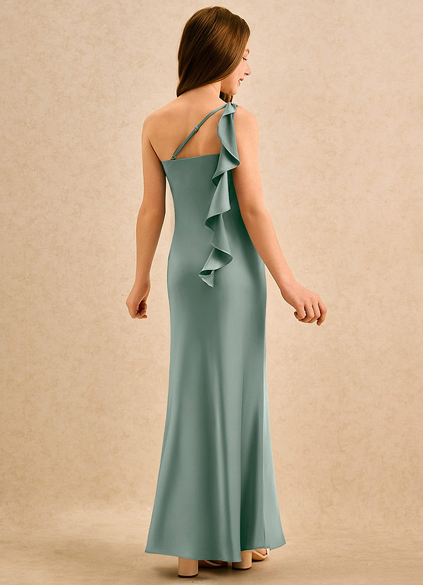 Azazie Almond Girls Formal Bloemenmeisjesjurken Kokerjurk Jurk van Stretch Satijn One-shoulder Zilveren Salie image1