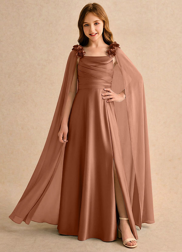Azazie Rosita Girls Formal Vestidos de arras Vestido Bronceador de Satén Elástico de Línea A con Plisado image1