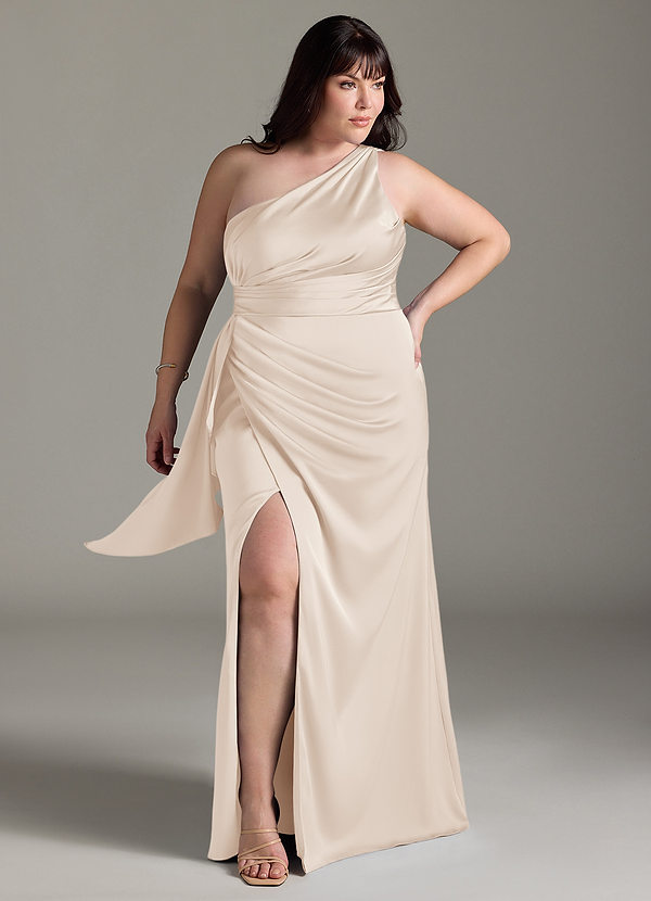 Azazie Maive Robes Demoiselle d'honneur Robe Fourreau en Satin extensible Rayé Albâtre Blanc image1